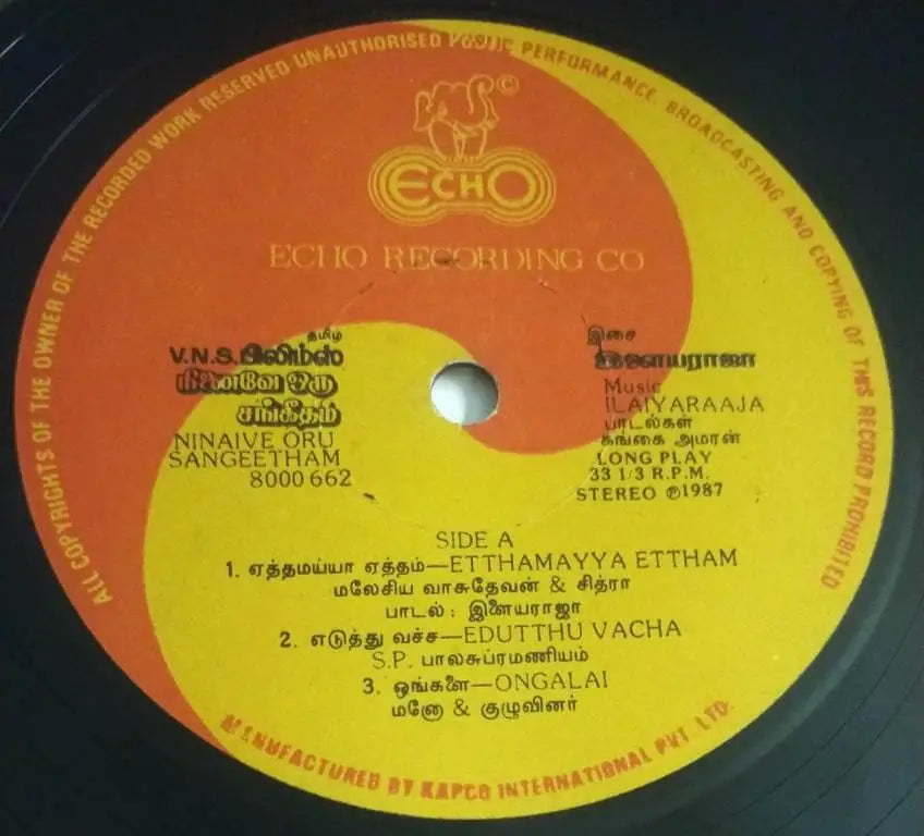 Ninaive Oru Sangeetham Vinyl Record – Ilaiyaraaja Tamil Vinyl